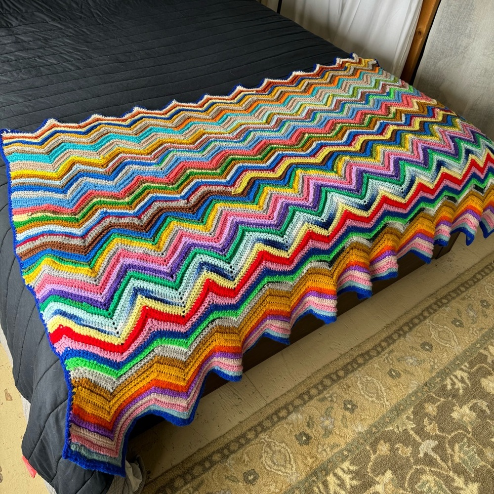 vintage rainbow Chevron granny blanket Afghan throw sofa bed colorful knit retro